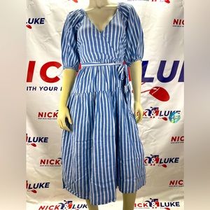 Blue & White Striped Midi Dress with Puff Sleeves